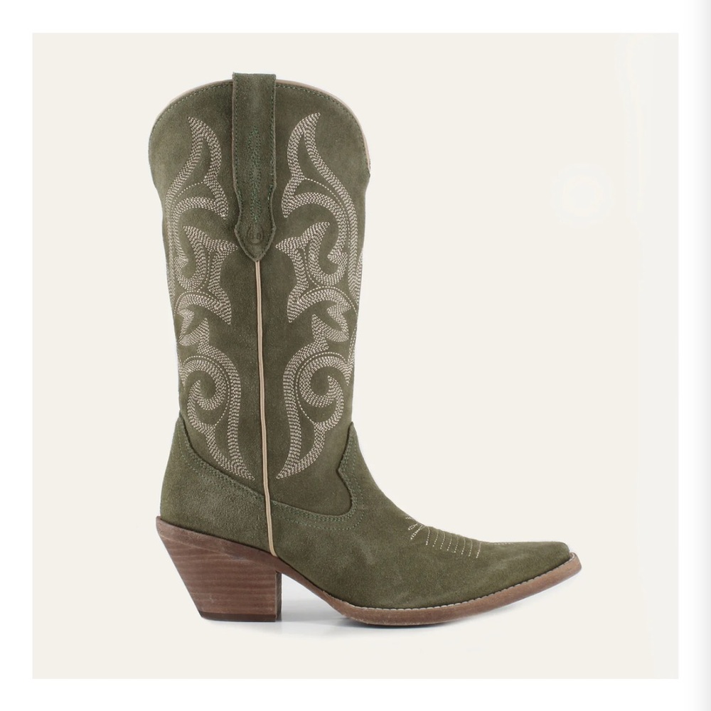 Buck & Brana Tessa Olive Suede Western Cowboy Boots